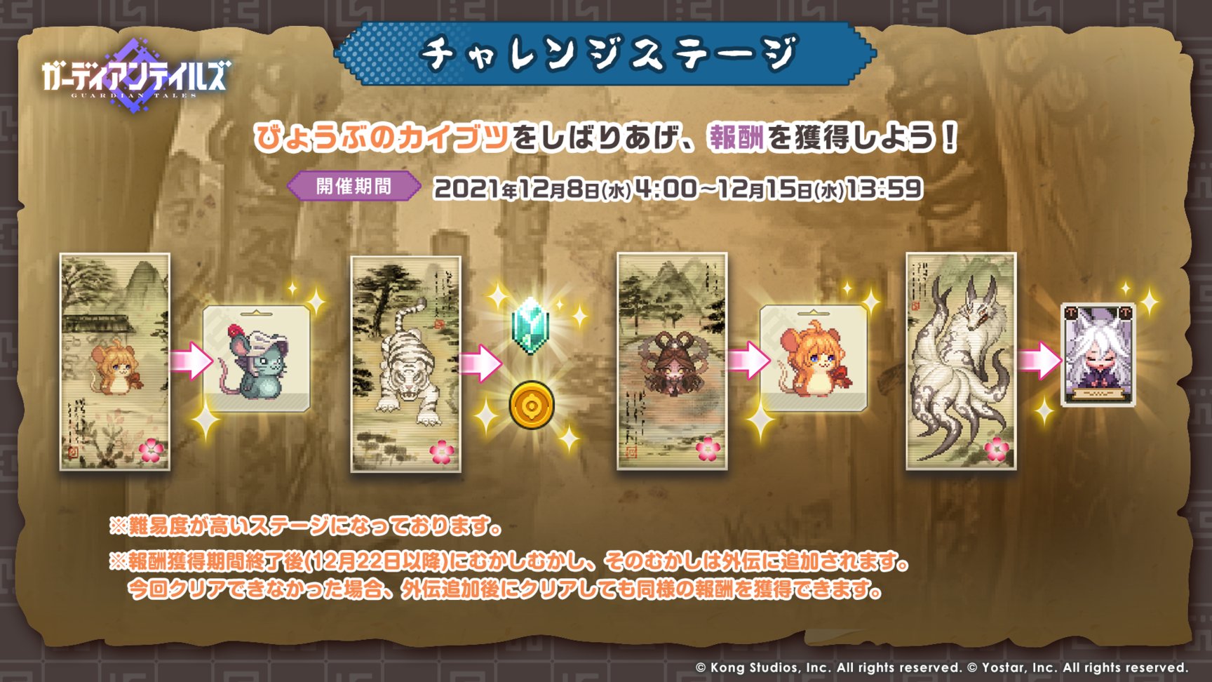 ガーディアンテイルズ公式 チャレンジステージ 12月8日 水 4 00より むかしむかし そのむかし のチャレンジステージが開放されます ストーリーステージクリア後に挑戦可能で クリアするとコスチュームなどの報酬を獲得できます 高難易度の