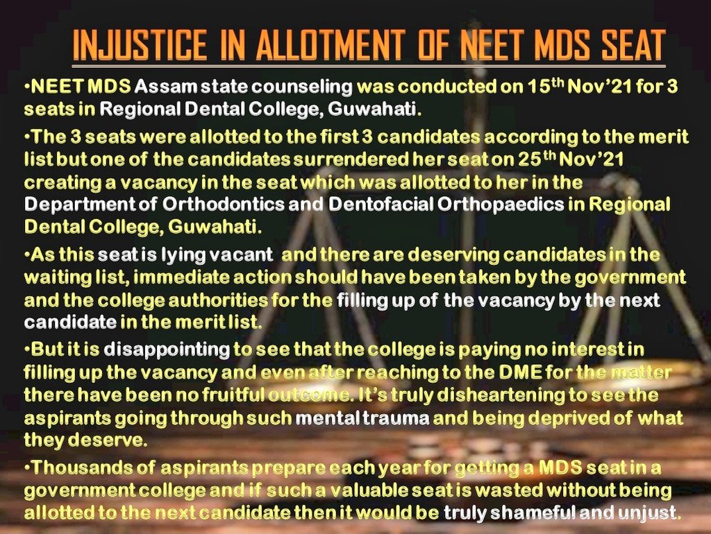 dentodontics's tweet photo. ANOTHER INJUSTICE KNOCKED OUR DOORS #ASSAMMDSCOUNSELLING A GOV SEAT OF MDS ORTHO IS LYING VACANT IN RDC GUWAHATI COLLEGE 
BUT STILL AUTHORITIES NOT FILLING IT UP EVEN @MoHFW_INDIA HAS EXTENDED DATE OF ADMISSION
WE DEMAND #Justice 
@himantabiswa @ranojpeguassam @keshab_mahanta https://t.co/DAmhVsreC7