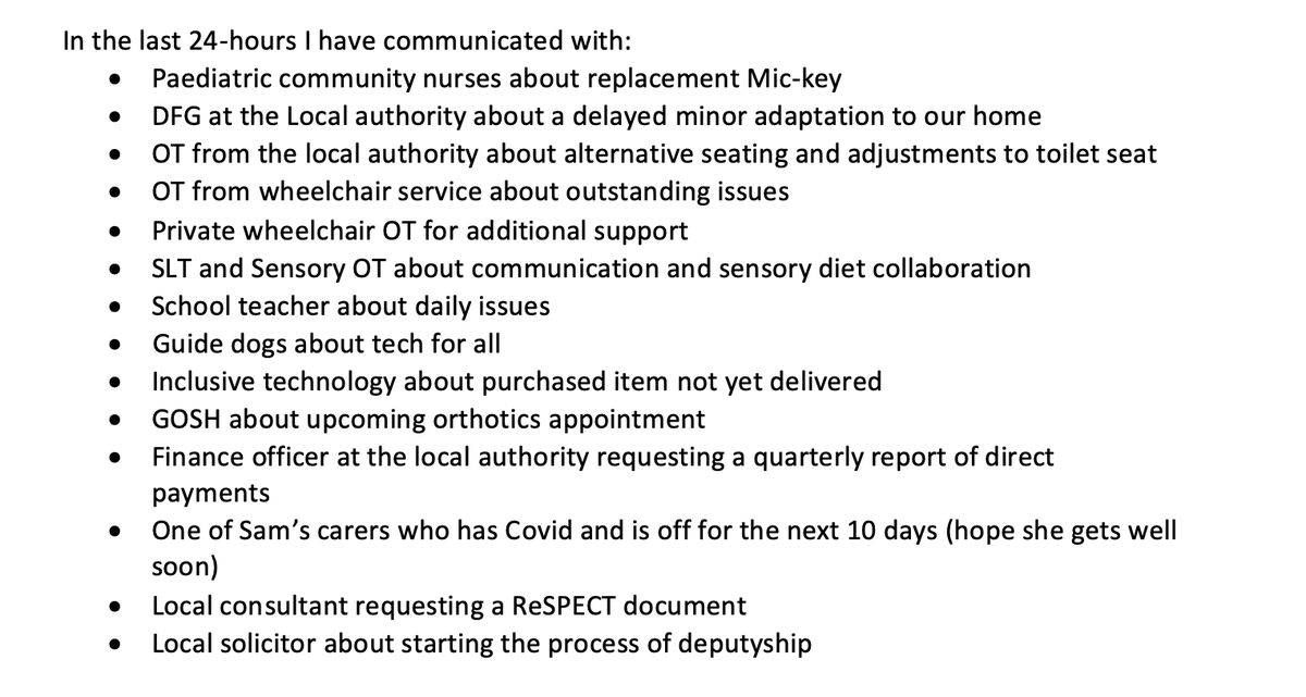 BornatRightTime's tweet photo. The last 24-hours my son has been at school and had carers at home but my role in caring hasnβt ever stopped.
This is an example of one dayβs mental load when caring for someone with complex needs.
#Bridgingthegap #complexneeds #CommunicationandCoproduction #withnotto https://t.co/gRHSiiYLI9