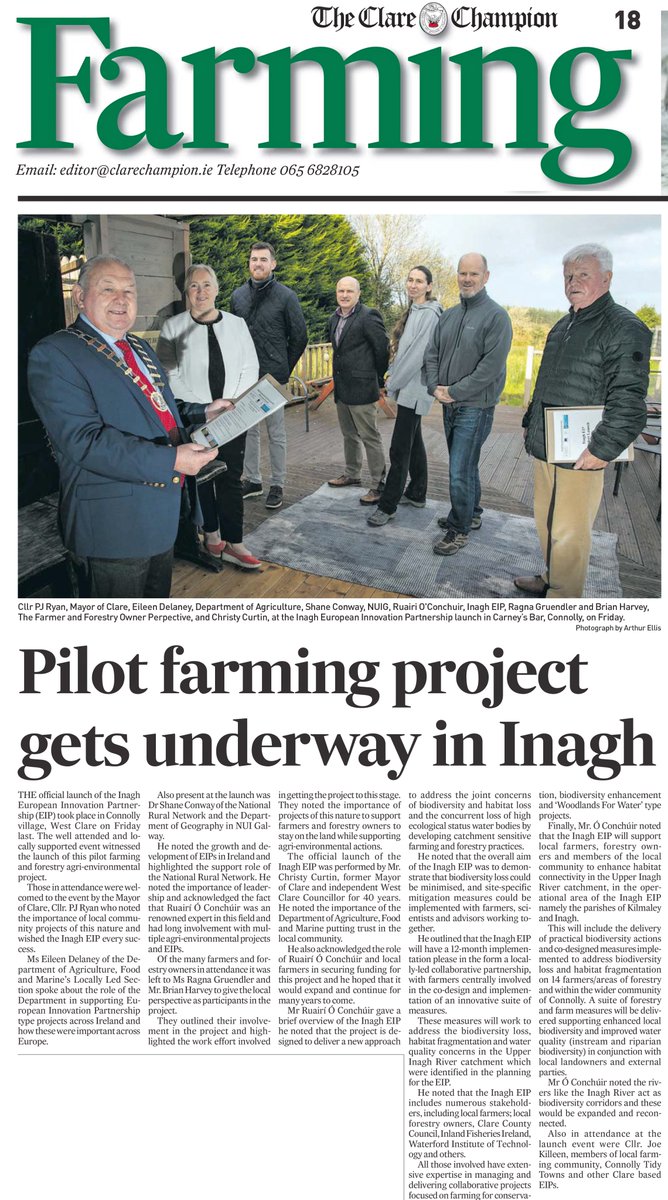 @ShaneConwayNUIG recently spoke at the official launch of the <a href="/InaghEIP/">Inagh River EIP agri</a> European Innovation Partnership for Agriculture Productivity and Sustainability (#EIPAgri) Project held in West Clare. 
A piece about this launch is featured on page of 18 of this week's <a href="/ClareChampion/">The Clare Champion</a>.