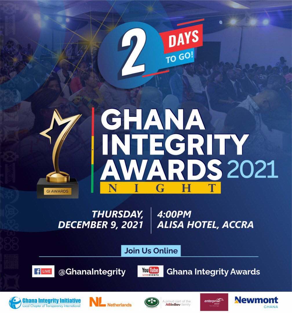 tighana_'s tweet photo. 📌 📌
Only 2 days to the #GIAWARDS2021
Join us live on YouTube or Facebook, December 9 at 4 PM to find out which public/private sector institutions in Ghana are excelling at fighting corruption in their field.
Kindly help by #retweeting 🥳
#GIAWARDS
#MyIntegrityHero https://t.co/24LakdYOR9