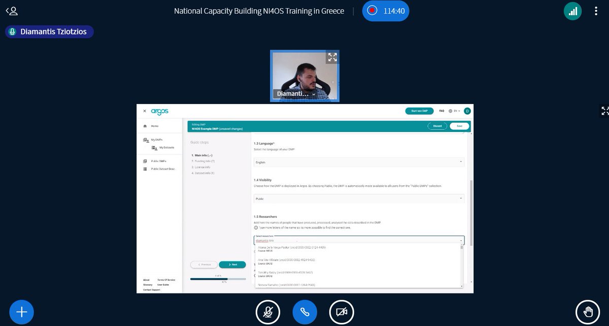 Diamantis Tziotzios from <a href="/cite_sa/">CITE</a> demonstrating Argos machine actionable #datamanagement planning service offered by <a href="/OpenAIRE_eu/">OpenAIRE</a>, also available in <a href="/EoscPortal/">EOSC Portal</a> - at the policies and machine actionability session of the #Greek NI4OS-Europe national capacity building event.