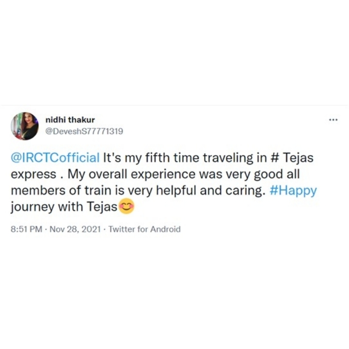IRCTCofficial's tweet photo. We at #TejasExpress always aspire to make our passenger's travel experience most comfortable. Here are a few passenger feedbacks on Tejas Express services.
#TejasExpress #GoTejasGo https://t.co/QCKGlGBQ1b