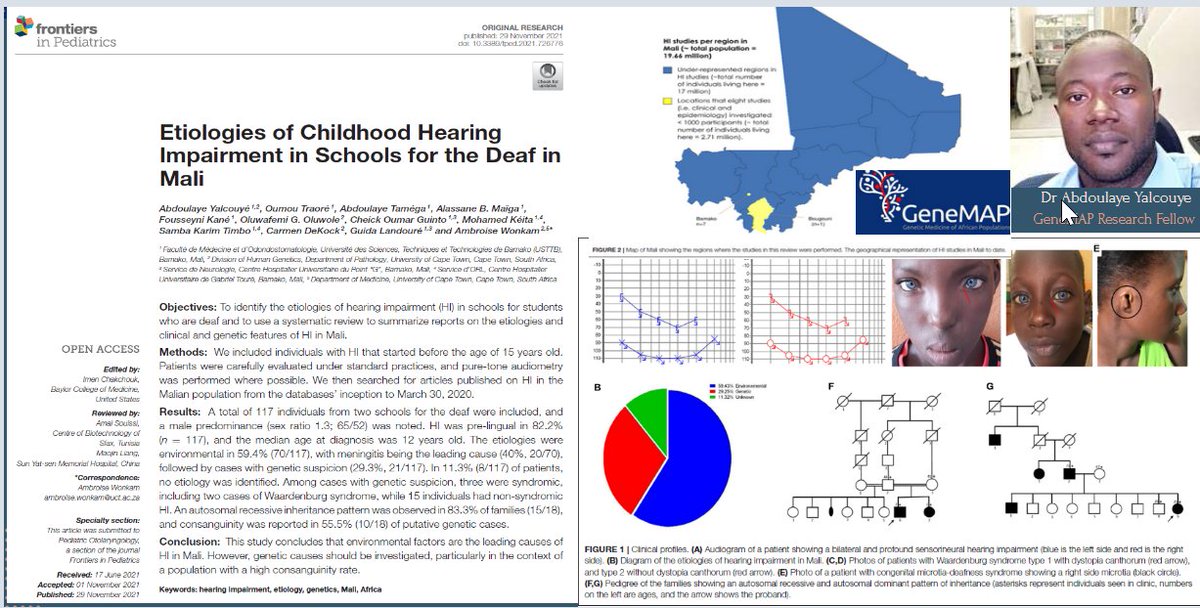 GeneMAPOfficial's tweet photo. New article by #GeneMAP PhD Fellow, Dr Abdoulaye reports that environmental factors are the main causes of childhood #hearingimpairment (HI) in #Mali & consanguinity is a major contributor to genetic causes of childhood HI in Mali. Congrats @abdallahyal1
https://t.co/S1Q62nygLa https://t.co/7U9B2pAfIJ