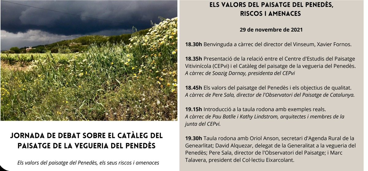 Esteve_Xavier's tweet photo. Un honor i un plaer haver participat ahir vespre des de la fila zero, en representació de l'@IEPenedesencs en la taula rodona sobre el paisatge del #Penedès. A l'acte, organitzat per #CEPvi, Pere Sala, dir. de @catpaisatge, va avançar algunes conclusions del Catàleg del Paisatge. https://t.co/yYETd96k8x