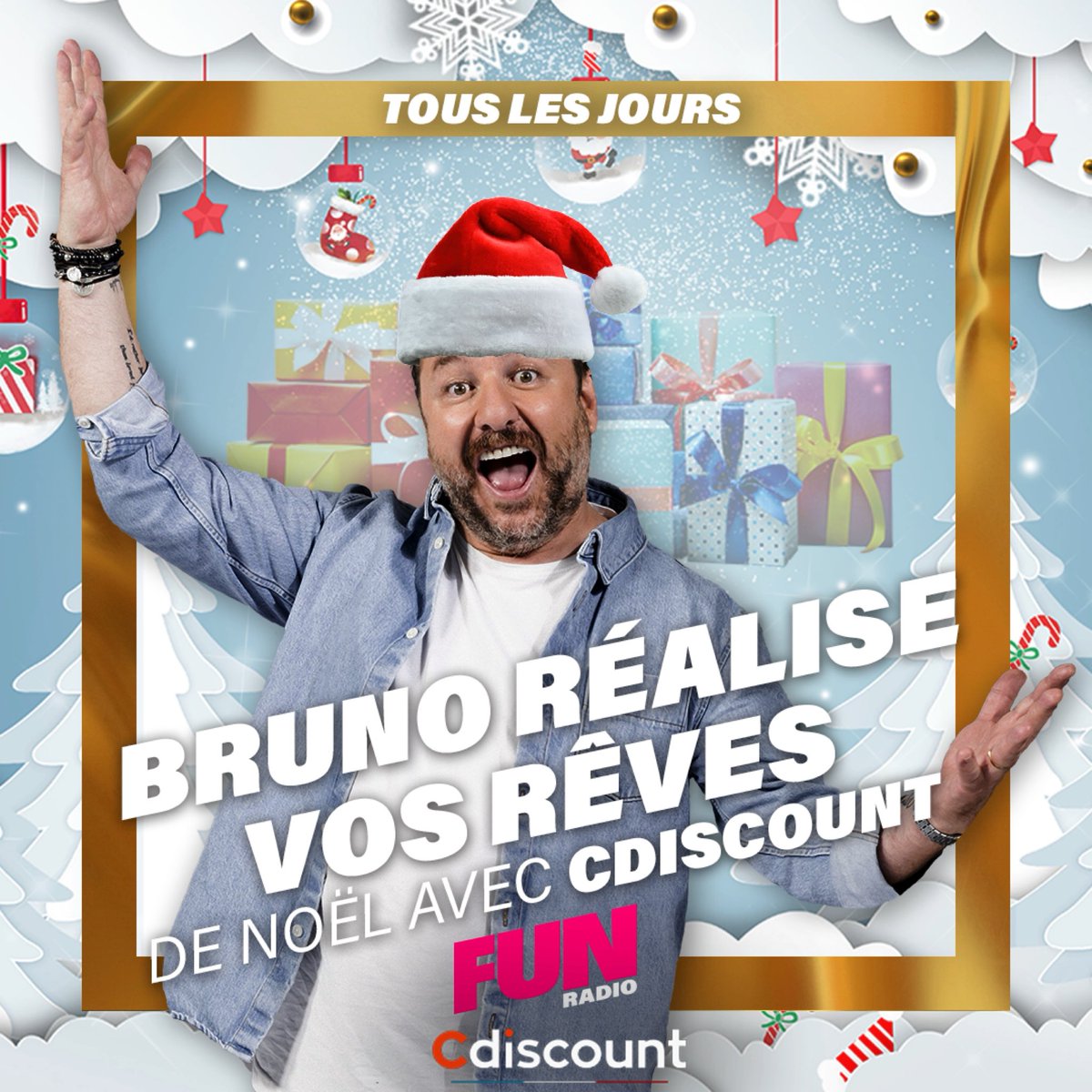 BRUNOFUNRADIO's tweet photo. 🎄🎅🏻 TOUS LES MATINS, BRUNO RÉALISE VOS RÊVES DE NOËL ! 
👉 Pour s’inscrire : RT avec votre rêve &amp; le #BrunoFunRadio 
🍀😍 Un gagnant chaque jour ! 🎉 #Noel #Noel2021 #Cadeau #Reve @Cdiscount https://t.co/xFvAGZL63n