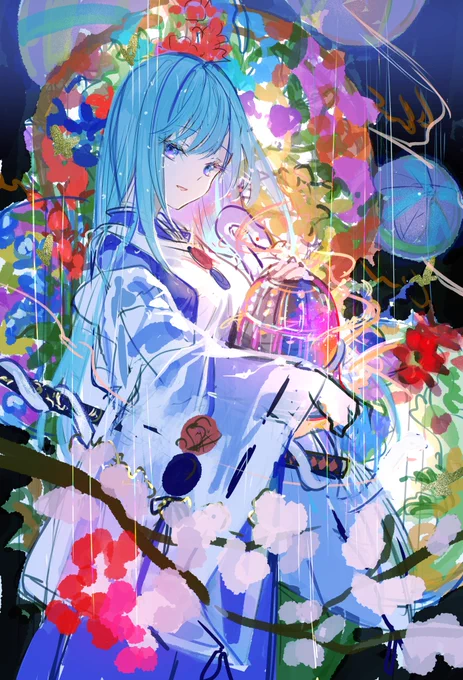 藤ちょこ先生には約一年前に光る美少女展京都のテーマをお伝えし、イベント全体のキービジュアルの制作をご依頼しておりました。この時点ではまだ清姫のキャラデザができていなかったのもあり、絵守未來をデザインベースとしたとても妖艶な清姫(白拍子花子)を作画いただきました。当時のラフ画です。 
