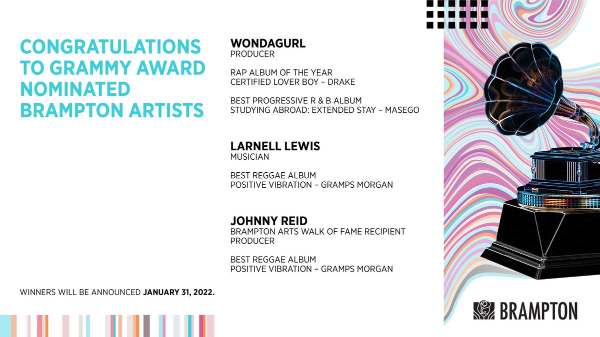 The 64th #Grammys nominations are in and #Brampton artists are on the list! Congratulations to @WondaGurlBeats, @Larnell_Lewis and @JohnnyReid on your @RecordingAcad nominations.