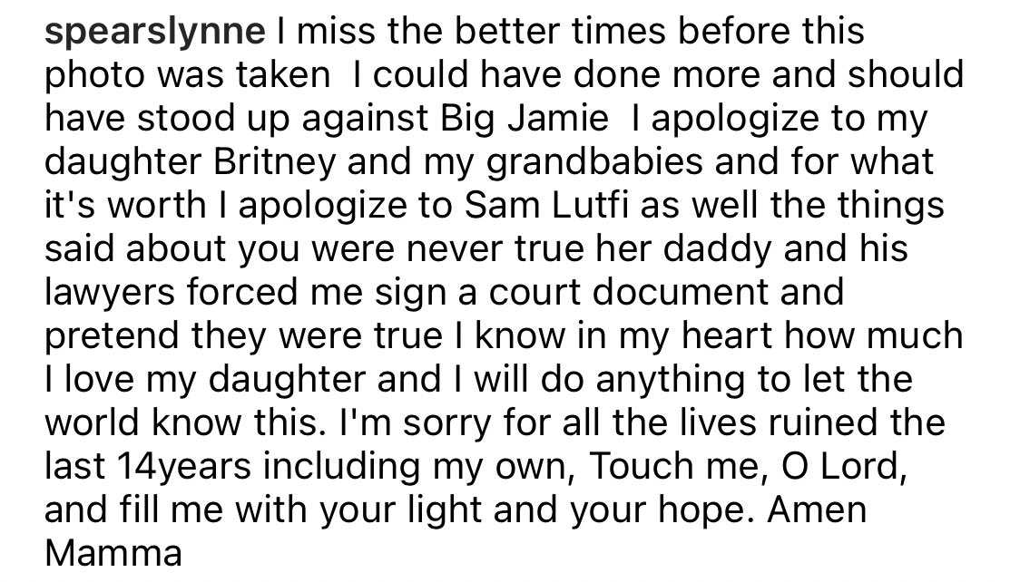 britneyxmariah's tweet photo. Lynne Spears just posted this on Instagram.... crying for Britney’s forgiveness, and literally admitting that Jamie forced her into falsifying court documents. #JusticeForBritney https://t.co/TLW9OpLZSO