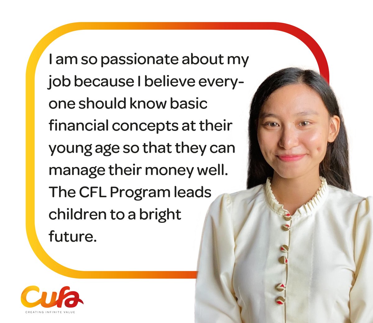 Today we want you to meet Mya, our fantastic CFL Project Officer in Myanmar.

Mya has worked tirelessly to ensure children in Myanmar receive the best financial literacy education possible. 

We thank Mya for her great work and determination to teach the children of Myanmar.