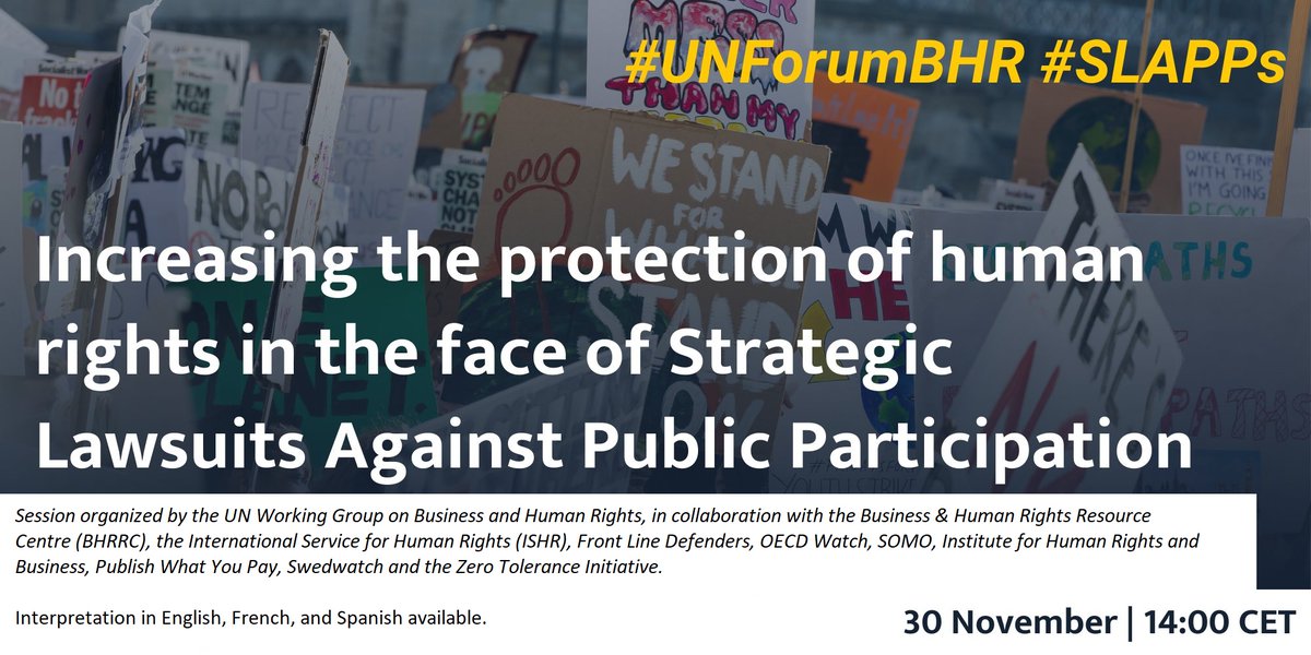 OECDwatch's tweet photo. Join us for ‘Strategic Lawsuits Against Public Participation: Increasing protection of human rights in the face of #SLAPPs’ - #UNForumBHR session with @WGBizHRs - speakers incl @MaryLawlorhrds @SuthareeW @LeanneGovinds @ARamasastry > 30 Nov | 14:00 CET > https://t.co/fXzRNnnKS8 https://t.co/Yk6uQuh9FA
