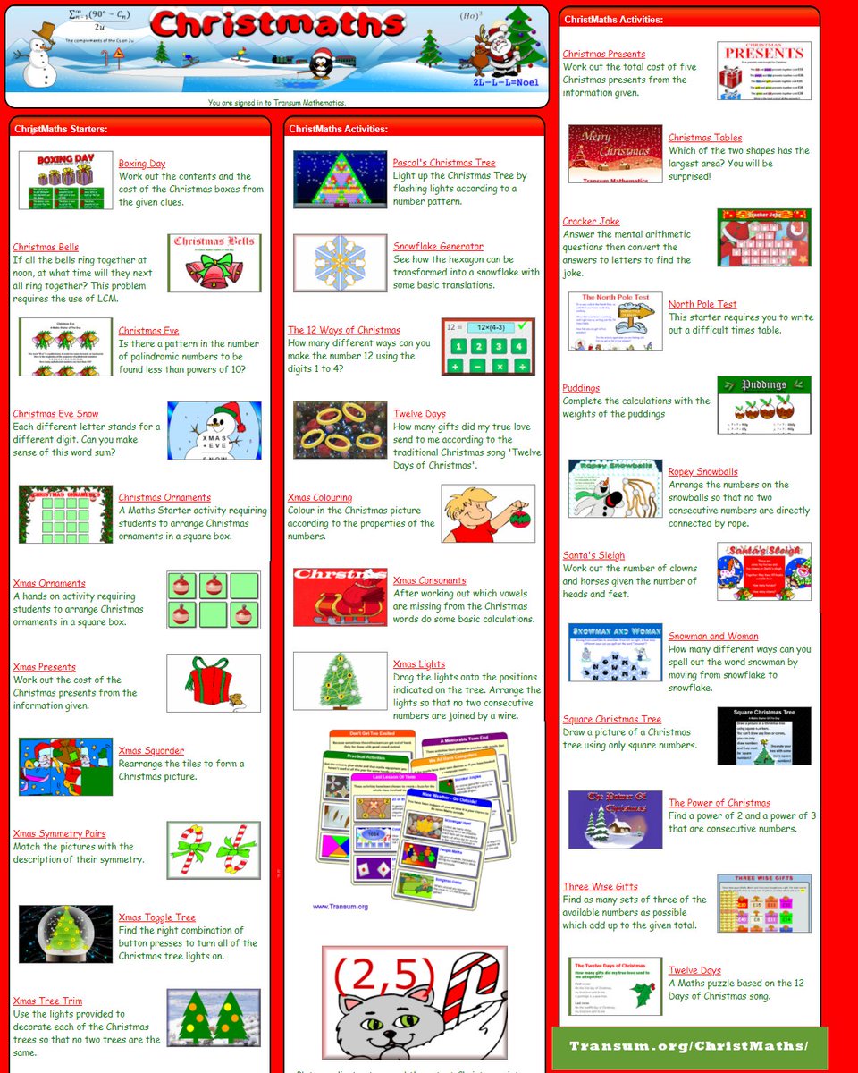 In my mind tomorrow (1st Dec) is the first day of the ChristMaths season. You can find all of the free festive resources here:

🎄  transum.org/ChristMaths/

"It's beginning to look a lot like ChristMaths!" 

#mathsresources #mathschat #mathchat #lessonstarter