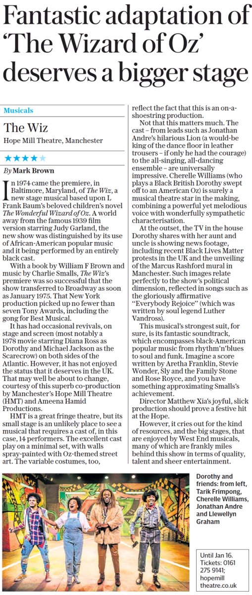 KevinWilsonPR's tweet photo. BOOM! 💥 Check out the Daily Telegraph's rave review for 'The Wiz' at @hopemilltheatr1 in Manchester in print today! 💚🌪 https://t.co/uaYPCr2mNb