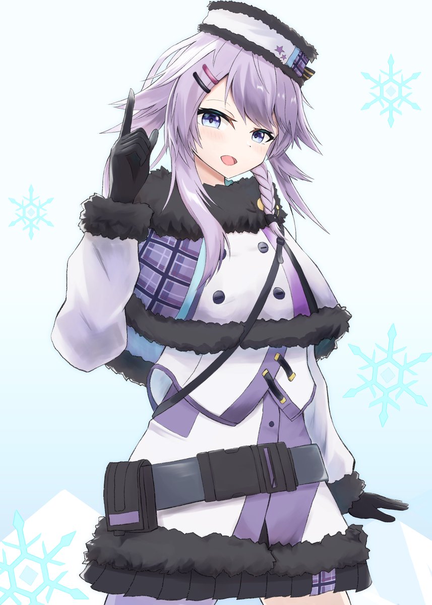 1girl solo fur trim gloves purple hair hat black gloves  illustration images