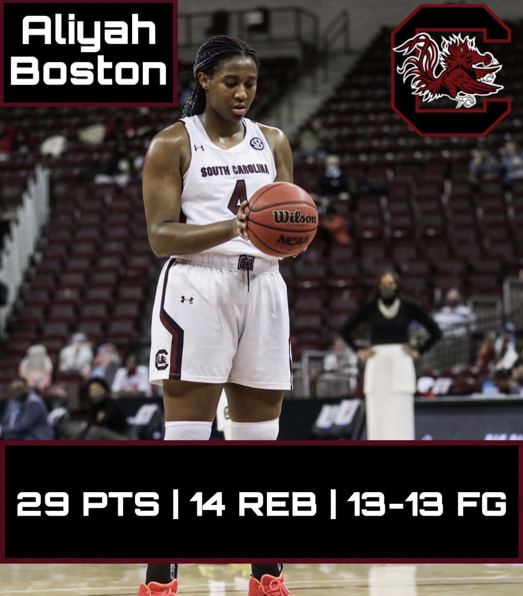Aliyah Boston couldn’t be stopped tonight! She finished with 29 points, 14 rebounds, 2 steals, and 3 blocks on a perfect (13-13) shooting IN JUST 20 MINUTES. 

#1 South Carolina defeated North Carolina A&amp;T 79-42. 

<a href="/GamecockWBB/">South Carolina Women's Basketball</a> | #NCAAW