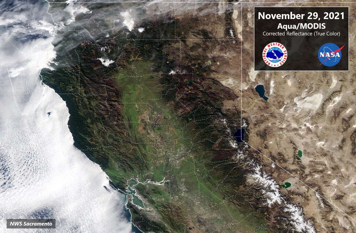 NWSSacramento's tweet photo. Polar-orbiting🛰️ captured clear skies overhead much of NorCal this afternoon.
🔍👀 Look carefully – some of burn scars from the past few years are visible within the foothill green-up, including the #DixieFire, #CaldorFire, #AugustComplex, & #NorthComplex.
#CAwx #CAFire https://t.co/cKG57VKIQy
