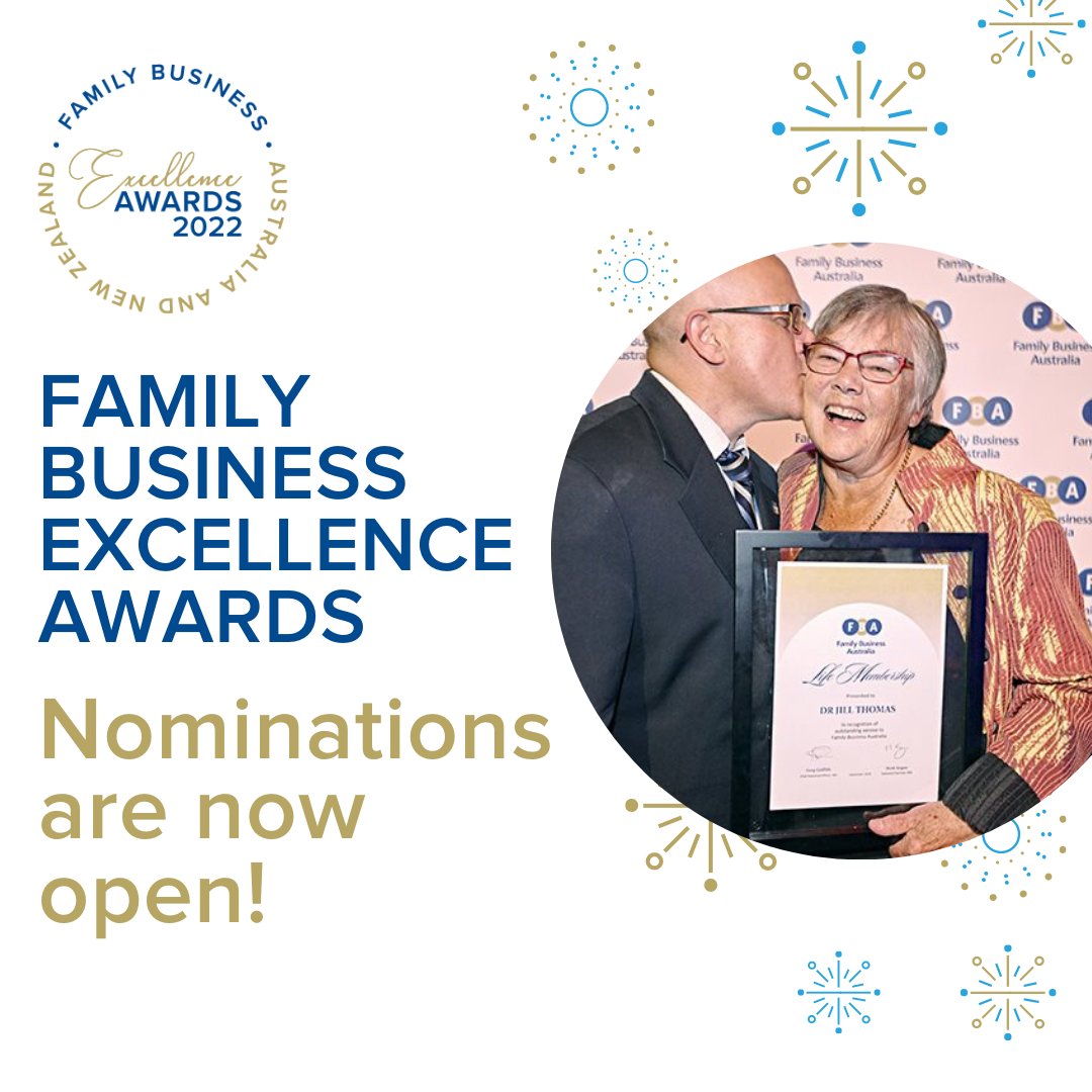 Nominations for the Family Business Excellence Awards are now open! It's a fantastic opportunity to be recognised for the consistent &amp; impactful work your family has completed over the past year. 

Start your nomination now: bit.ly/3HY6Ksq 

Nominations close 21/02/2022