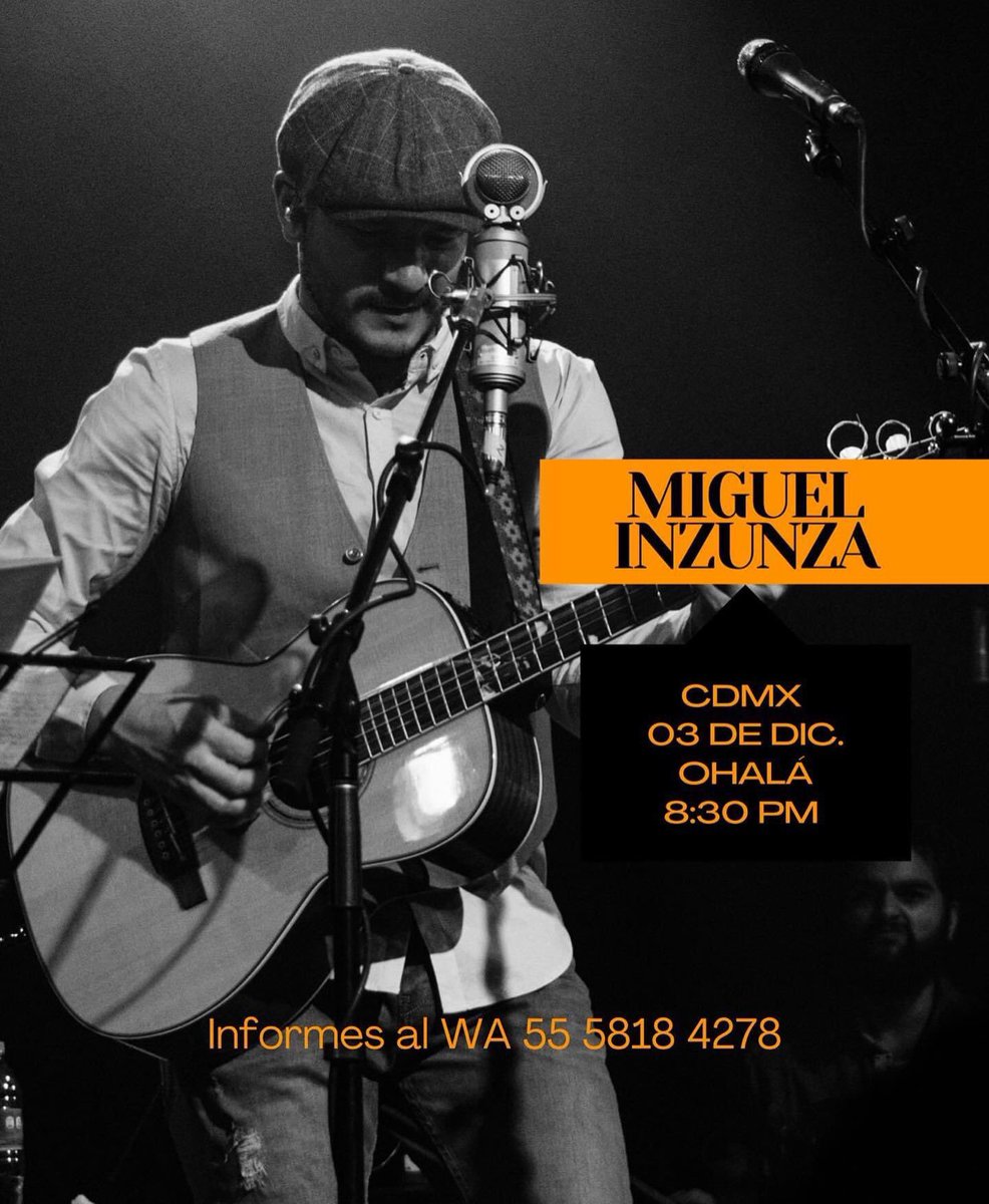 Nos quedan muy pocos lugares para al concierto de Miguel Inzuna este viernes 3 de diciembre.
No te quedes sin tus boletos .
Recuerden que tenemos aforo reducido . 
Información y venta por WhatsApp al 5558184278 <a href="/miguelinzunza/">Miguel Inzunza 🪶</a>