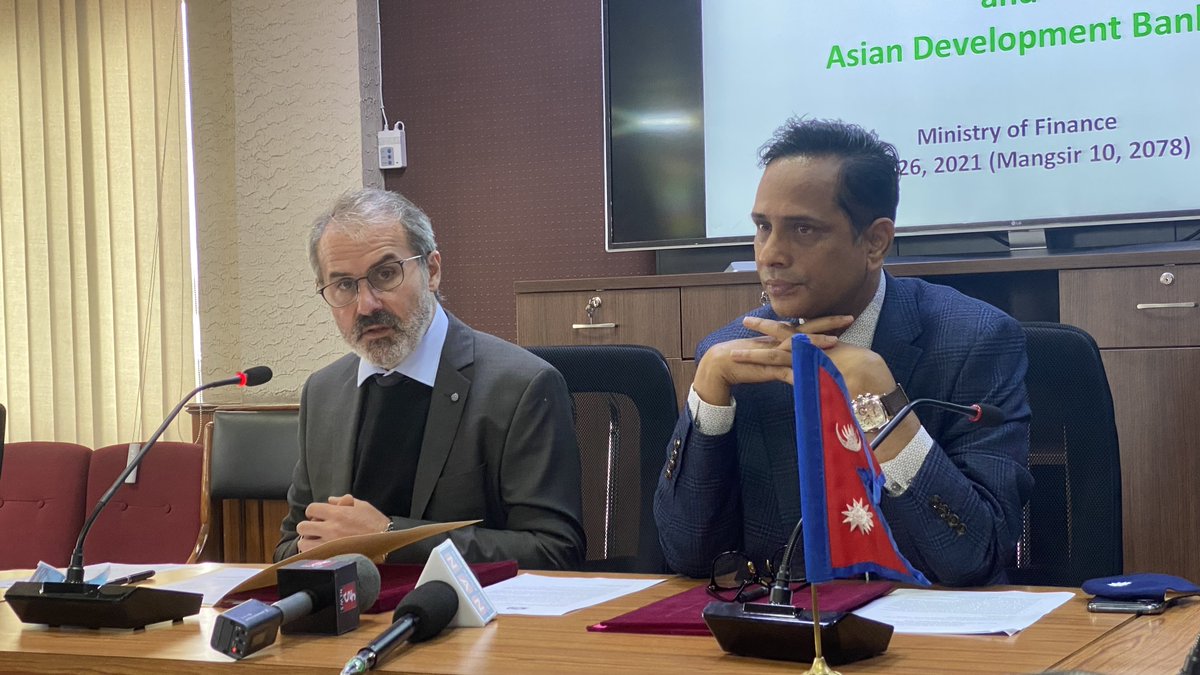 mofnepal's tweet photo. Signing Ceremony of additional financing of US$60 million for Electricity Grid Modernization Project Between Government of Nepal and ADB. Finance secretary Madhu Kumar Marasini &amp; ADB country Director signed  &amp; exchanged the loan agreement. https://t.co/JYVcqnfG7K