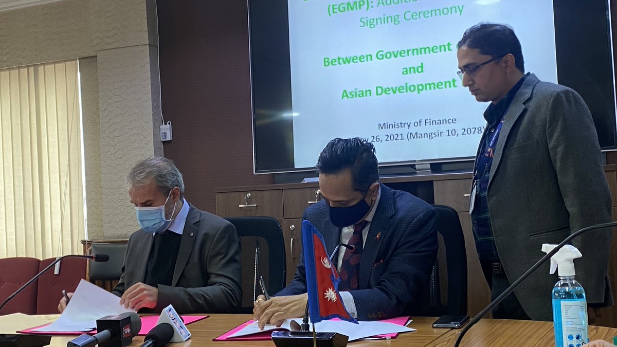 mofnepal's tweet photo. Signing Ceremony of additional financing of US$60 million for Electricity Grid Modernization Project Between Government of Nepal and ADB. Finance secretary Madhu Kumar Marasini &amp; ADB country Director signed  &amp; exchanged the loan agreement. https://t.co/JYVcqnfG7K