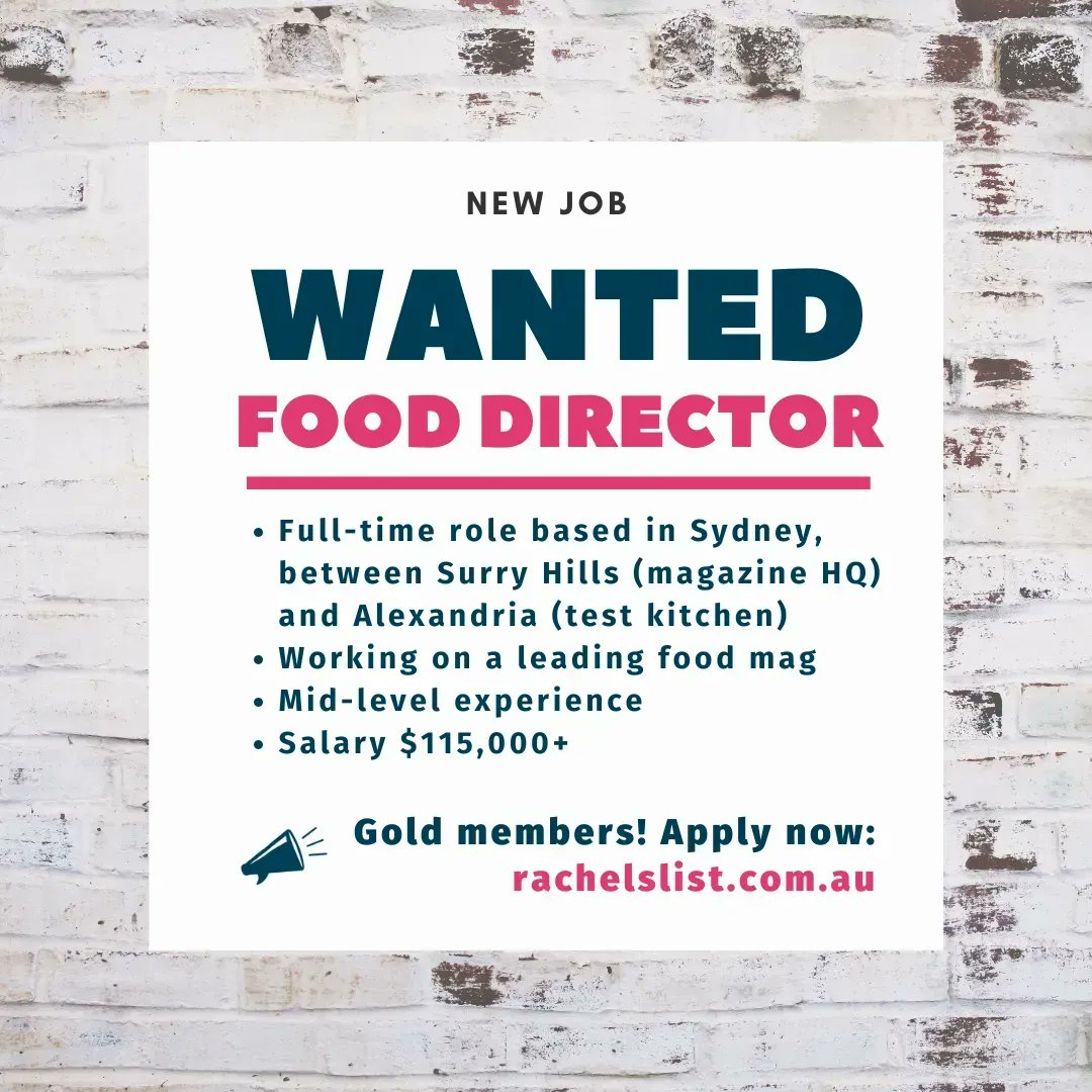 RachelsList's tweet photo. RE-POST: Are you a food writer / editor looking for your next career move? This food director gig at one of the country's leading food mags could be just the ticket (SYD) https://t.co/uZp1jHXGpM #foodwriter #foodeditor https://t.co/O9BF8sfXt1