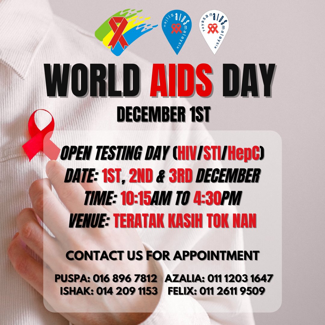 SarawakAIDS's tweet photo. In conjunction with World AIDS Day December 1st, Sarawak AIDS Concern Society will be collaborating with Teratak Kasih Tok Nan in organizing an Open Testing Day for HIV/STI/HepC. https://t.co/Ceu1J12rLh