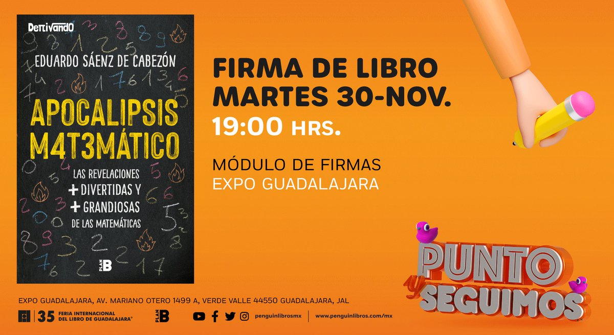 Vuelvo a México con la alegría de presentar “Apocalipsis matemático” en la <a href="/FILGuadalajara/">FIL Guadalajara</a>.
¡Qué ganas de veros después de tanto tiempo!