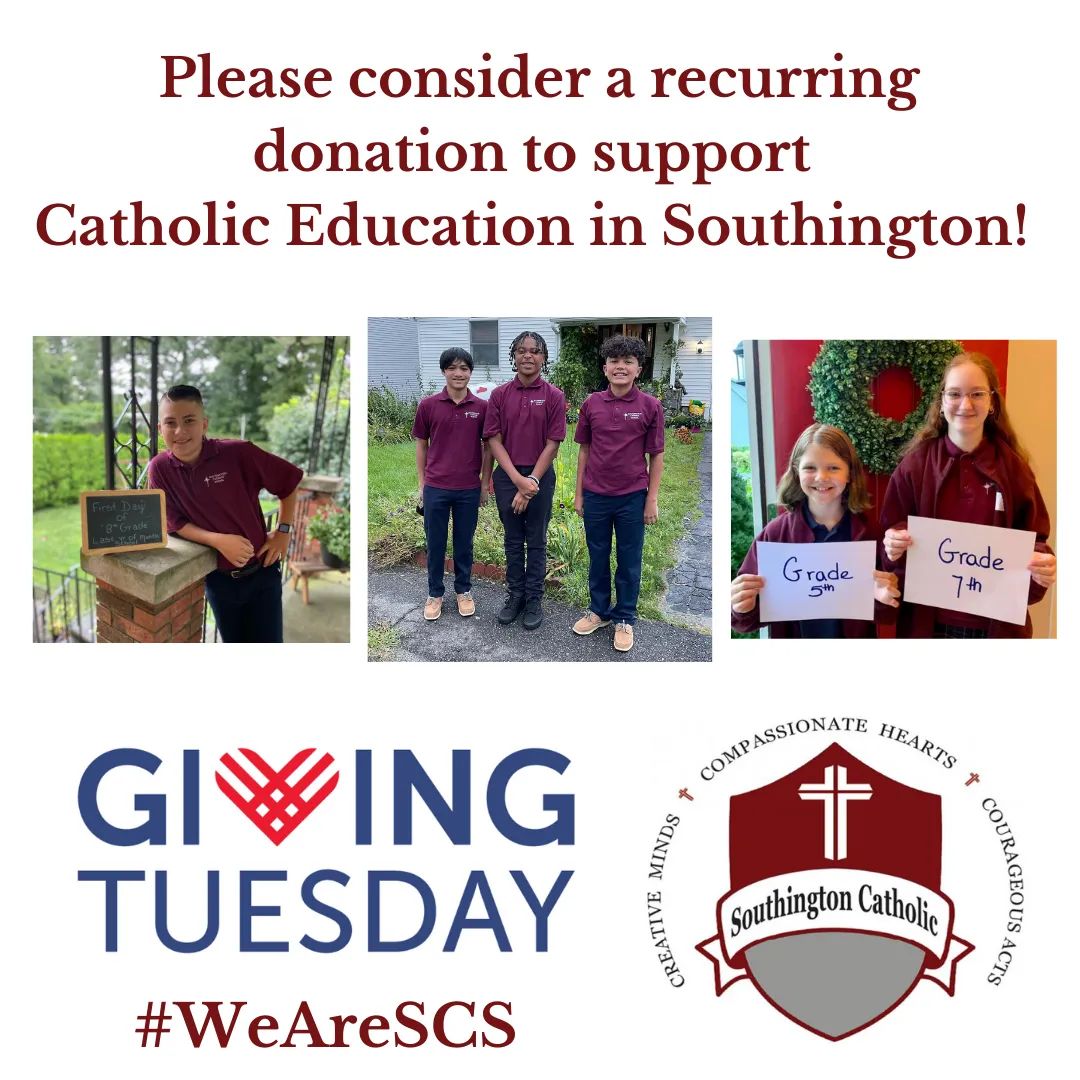 Principal_SCS's tweet photo. This Giving Tuesday, we hope that you will support Southington Catholic School. The generosity of our friends and family is an incredible blessing to our school! https://t.co/9vwIGSm8kd https://t.co/pSIHaz27OL