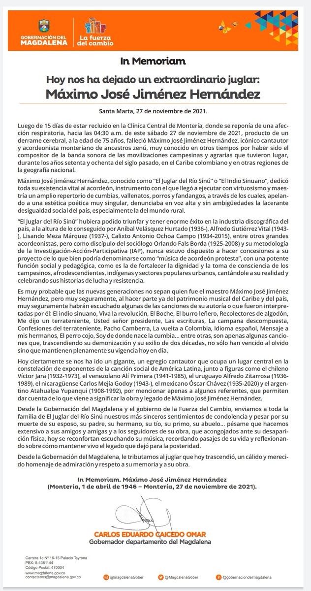 Comunicación del Gobernador del Magdalena, Carlos Eduardo Caicedo Omar, a propósito del fallecimiento del juglar del río Sinú, Máximo José Jiménez Hernández (1946-2021).