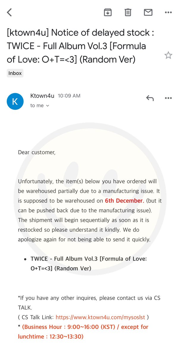 TokyoArchivePH's tweet photo. #TAPHUpdates

[ notice for twice formula of love : O+T = <3 orders ]

ktown4u sent an email today about the notice of delayed stock. please read the email below.

unfortunately, this is not under our control so we are asking for your understanding and patience.

thank you ! https://t.co/Ska5W1dsHM