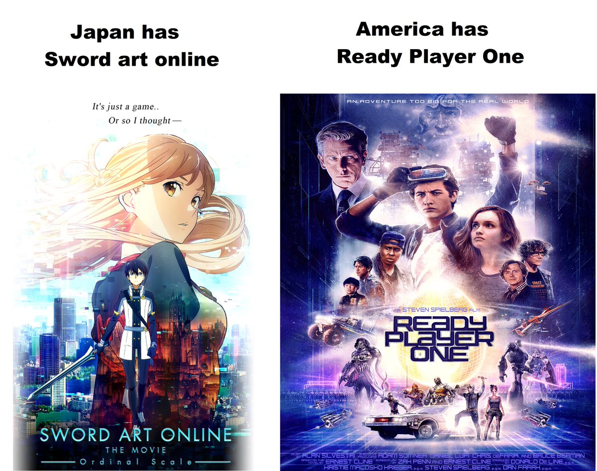 Ready Player One does have in common with Sword Art Online as these two franchises have pratically the same story BUT set in a different country 
#AnimeNYC #animegirl #MEMES #memesdaily https://t.co/DL0eUZVMkc