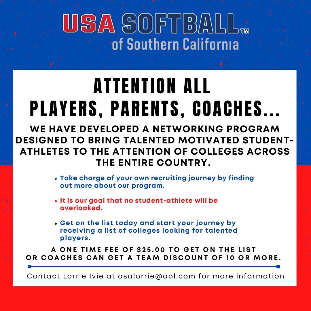 usasoftballsoca's tweet photo. Contact Lorrie Ivie at asalorrie@aol.com for more information about the College Network Program TODAY! https://t.co/H9j8DP3zSF