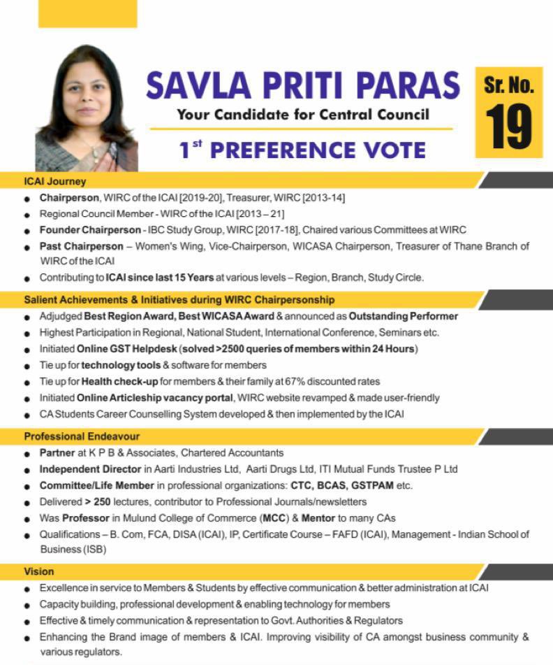 #contribution to the #ICAI, #Profession #CentralCouncil  FIRST PREFERENCE VOTE to No.19…