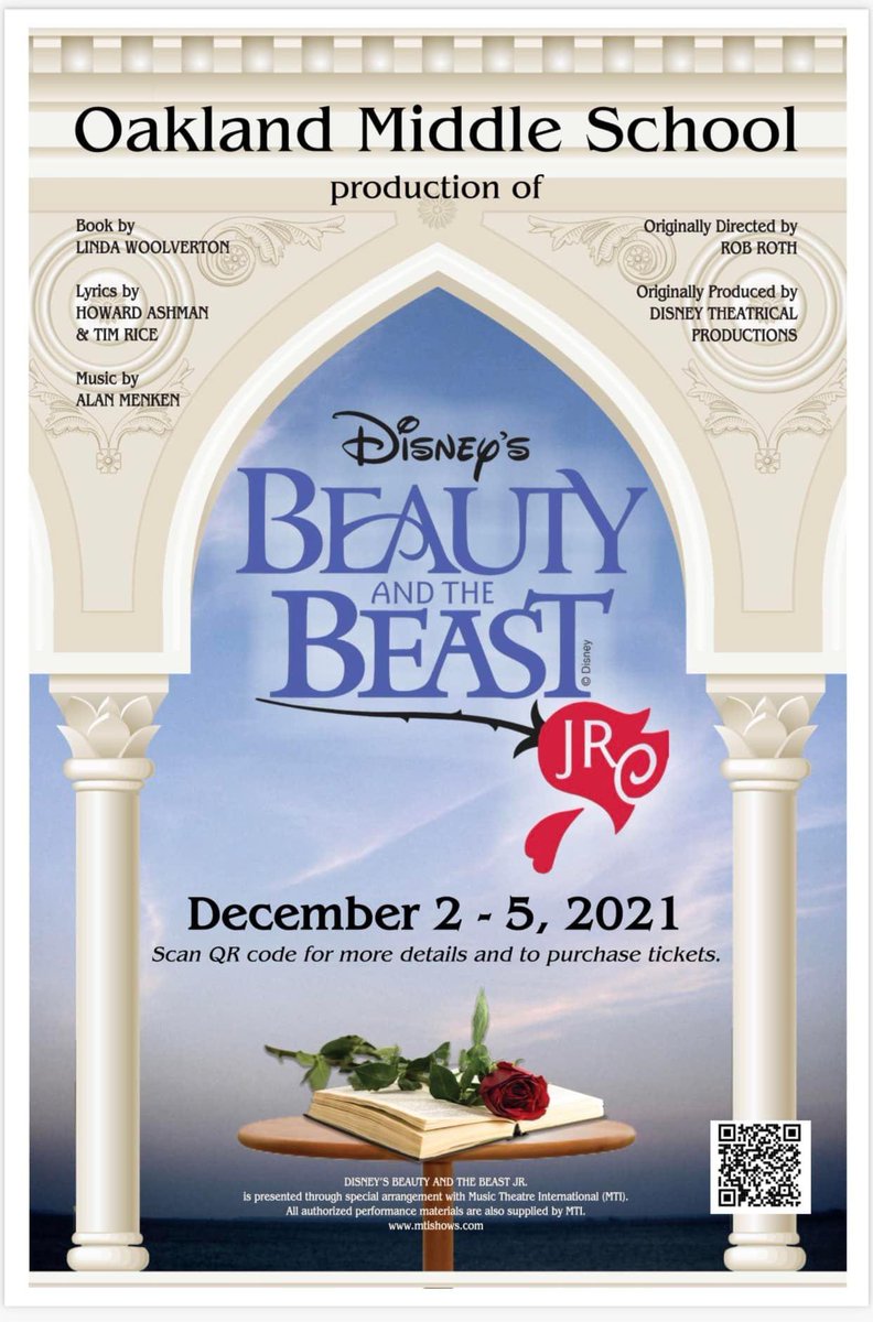 Beauty and the Beast opens THURSDAY night at Oakland Middle School!  Make your plans now to join us. Purchase tickets online tinyurl.com/omsbeauty2021 

Four chances to see this amazing show 
Thursday, Friday, and Saturday at 7pm 
Sunday at 3:30