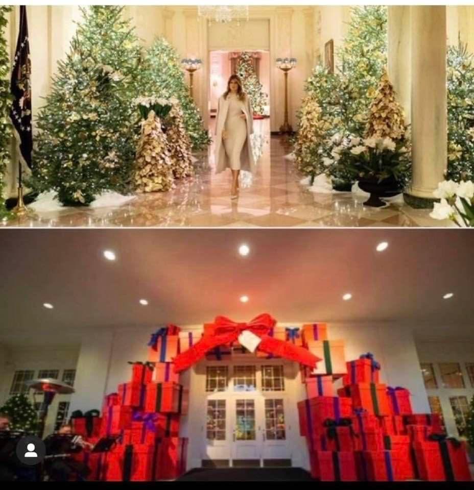 Tee2019K's tweet photo. White House Christmas decorations arranged by Melania Trump (top) and White House Christmas decorations arranged by Joe “poopy pants” and Jill Biden.
#bringbackclassy
#bringbackmelania
#LetsGoBrandon 
#FJB https://t.co/pJZ4rmGna5