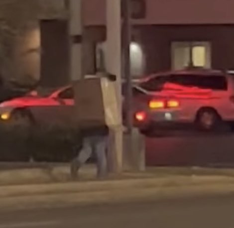 joeimel's tweet photo. Photo from video footage of male with a box on his head on the Bypass from FB page of Candace Pedigo Richardson. https://t.co/fMve7985c8