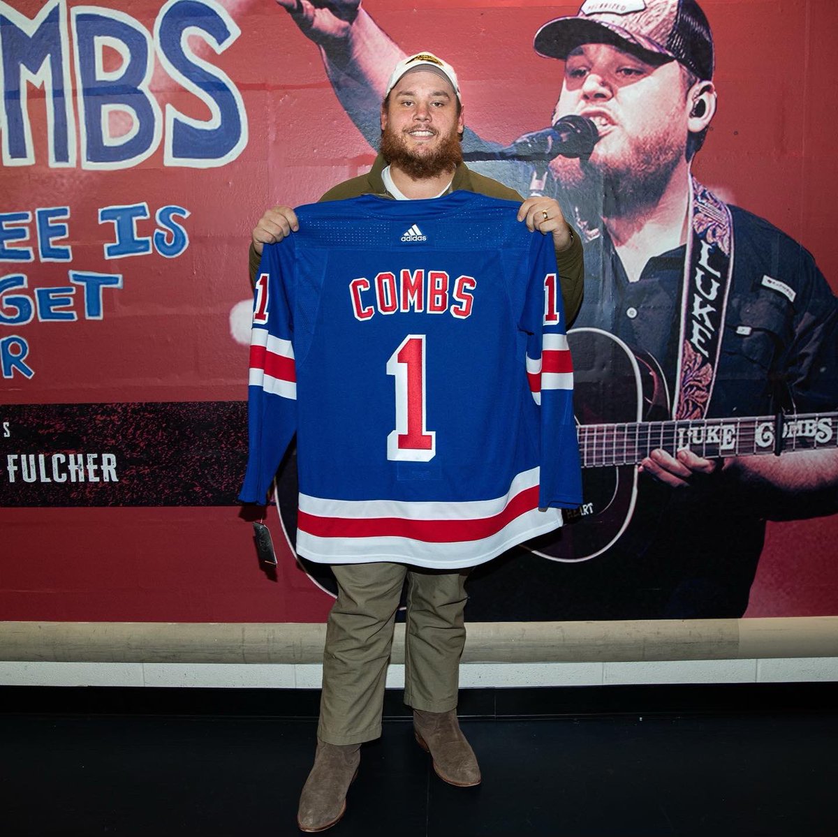 TheGarden's tweet photo. A special moment backstage tonight! NY Rangers player Ryan Lindgren surprises Luke Combs over FaceTime with a custom jersey to celebrate selling out two back to back nights at The Garden! https://t.co/y8El9YkSfT