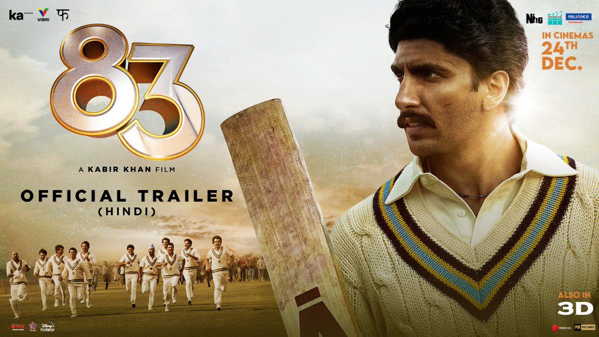 83thefilm's tweet photo. The incredible true story of the underdogs who pulled off the unthinkable!

#83Trailer in Hindi Out Now: https://t.co/3jYoqBqBiN

83 RELEASING IN CINEMAS ON 24TH DEC, 2021, in Hindi, Tamil, Telugu, Kannada and Malayalam. Also in 3D.
#ThisIs83
@kabirkhankk @RanveerOfficial https://t.co/vHHz2YpjpM