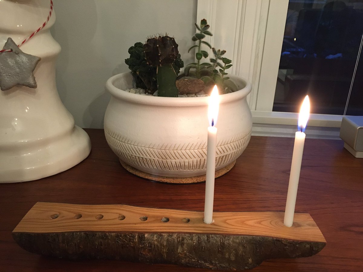 ehcox's tweet photo. One day late, but happy Chanukah!  (Beautiful modern menorah made by @brendanmcox!) https://t.co/qMXbwJRxy9