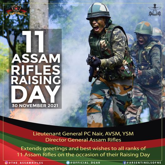 Lieutenant General P C Nair, AVSM, YSM, Director General Assam Rifles Extends Greetings and Best Wishes to all ranks of 11 Assam Rifles on the occasion of their Raising Day.

#SentinelsOfNorthEast
#RaisingDay
#Greetings
#Bestwishes
#RaisingDayWishes