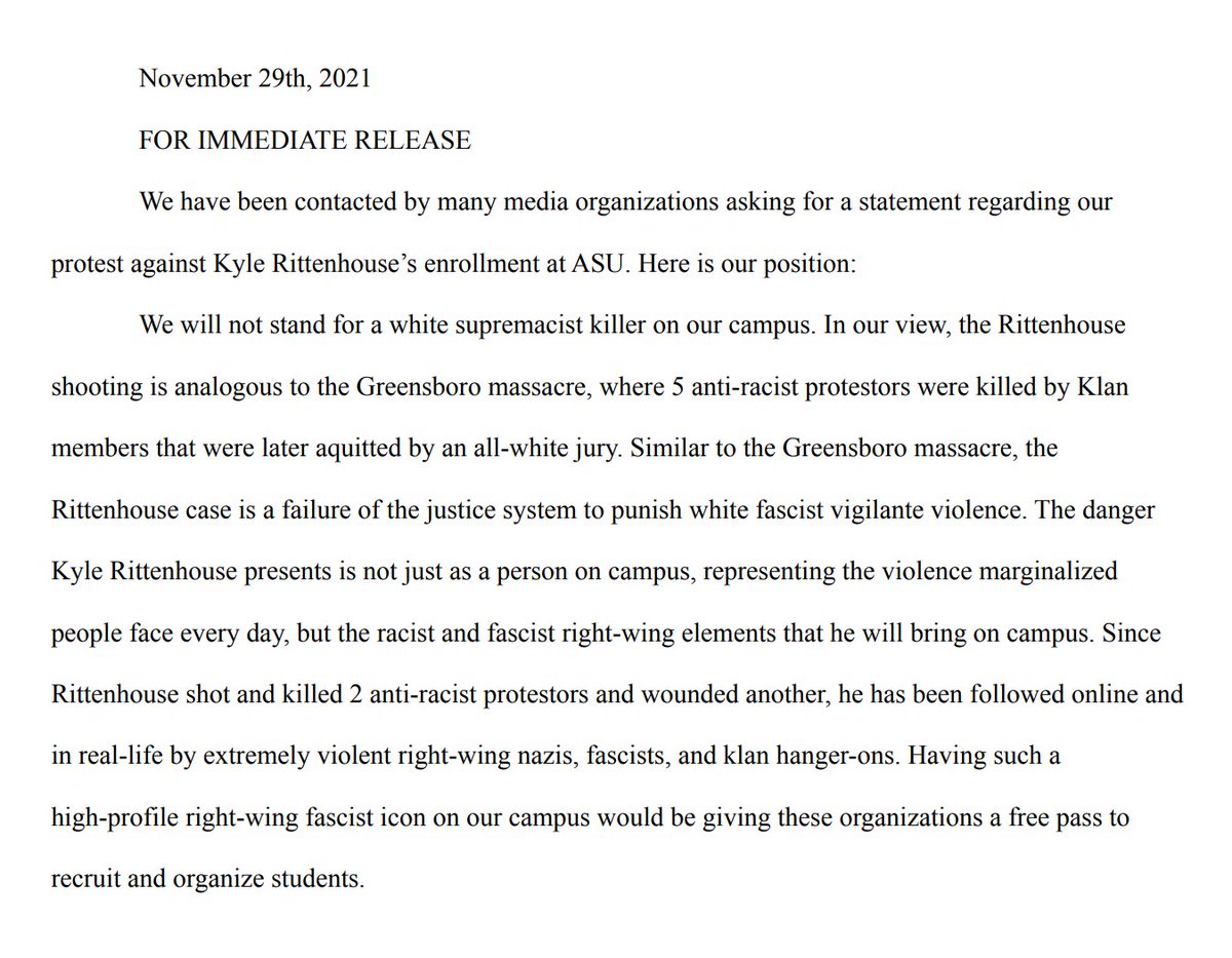 SFSASU's tweet photo. Here’s our extended statement regarding Kyle Rittenhouse on campus, including our revised demands.

The protest is still on! See you Wednesday at 3:30PM! https://t.co/9nSHacbBHR