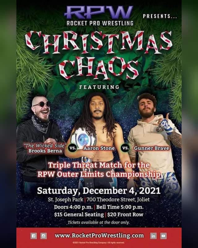 TakeActionPhoto's tweet photo. This Saturday, December 4th! So many great matches scheduled! Start your Christmas season out at Christmas Chaos! Doors open at 4pm! Don't miss out! #RPW #AaronStone #BrooksBerna #GunnerBrave #YouthGoneWild #NoCoast #FilthKing #Shogun #supportindiewrestling #WWE #AEW #Impact #NXT https://t.co/2fVcBuT9Bs