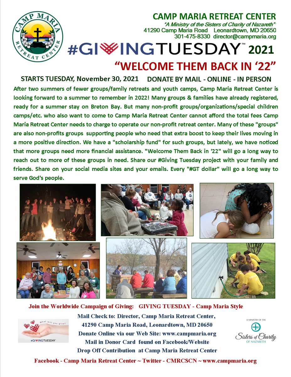 CMRCSCN's tweet photo. #Giving Tuesday-Camp Maria Style  "Welcome Them Back in '22" - https://t.co/WFIKK5i0L4 https://t.co/RtmTDZJhyo