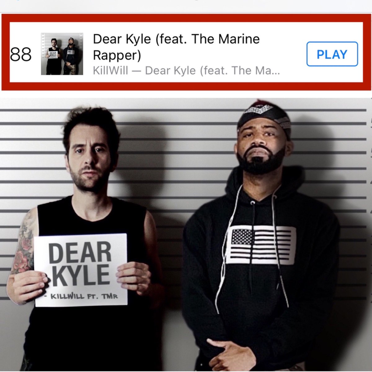 TheMarineRapper's tweet photo. We are #88 ! Lets get to # 1 !!!
πΉ Buy Dear Kyle (feat. The Marine Rapper) - Single by KillWill https://t.co/AhYlwiKUo6
By @killwillc and @themarinerapper
Art: @axiomparadoxapparel
#killwill #themarinerapper #dearkyle https://t.co/YaXpxizMwJ
