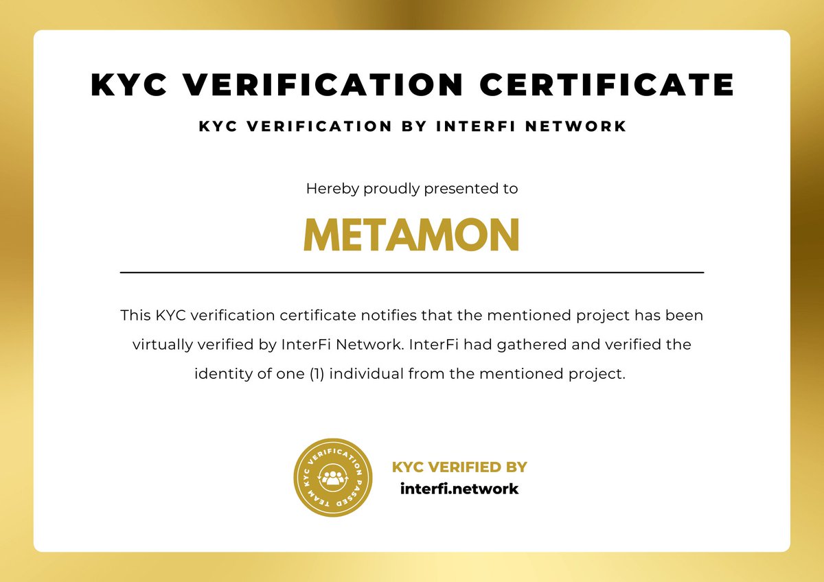 InterFiNetwork's tweet photo. InterFi Network has completed KYC Verification of @Metamon_Ofc (METAMON)
View KYC Report: https://t.co/GYUcoxTnWF
Request smart contract audit or KYC verification: @InterFiNetwork
#KYC #cryptokyc #interfinetwork https://t.co/nBFMkInpAn