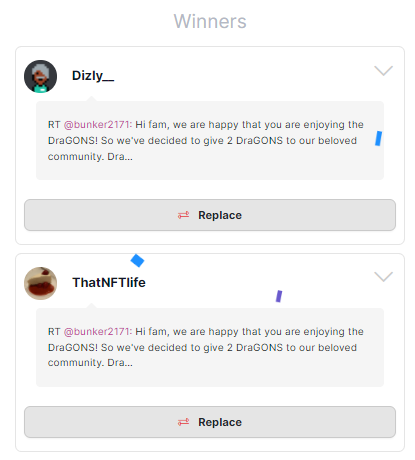 And the winner for this week's giveaway is.....
1st: <a href="/dizly__/">Dizly</a> 
2nd: @ThatNFTlife 
Gongratulations!
You guys won a Dragon each!!!
Send us a DM of your eth address and we'll get things sorted!! #bunkertogetherstrong