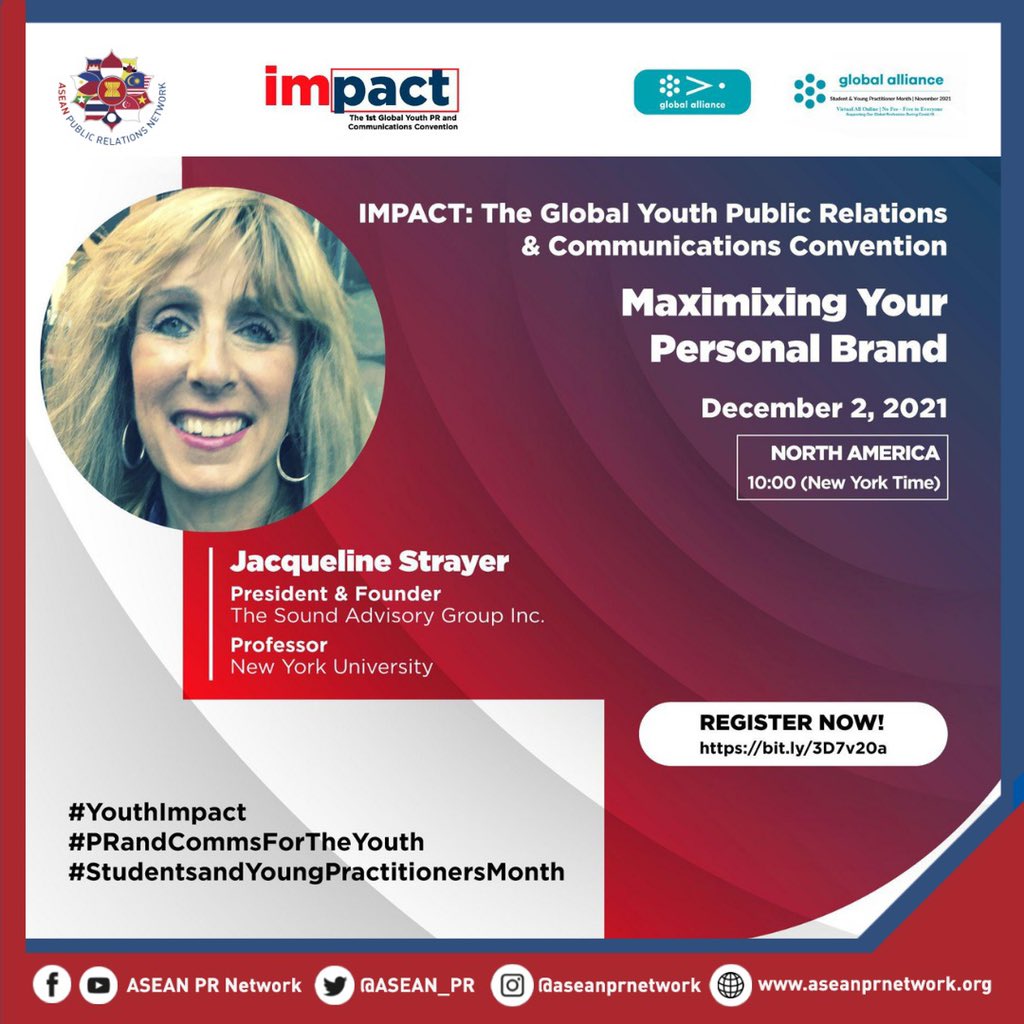 Join Jacqueline Strayer as she talks about maximizing your personal brand on December 2nd, 10:00 (New York Time) at IMPACT. Register today at bit.ly/3D7v20a. 

#YouthImpact
#PRandCommsForTheYouth
#StudentsandYoungPractitionersMonth