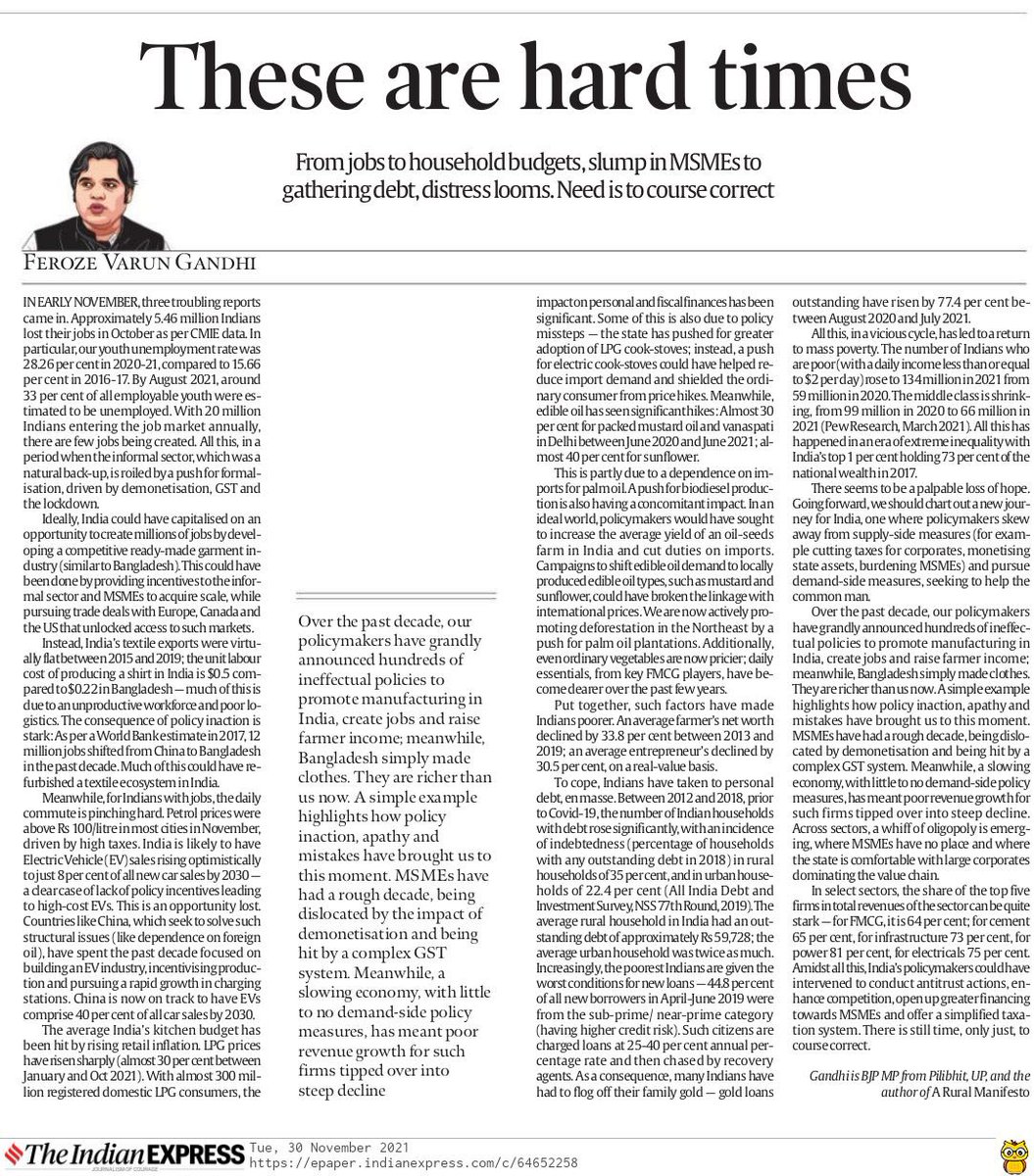 As India battles rising unemployment, higher inflation and increasing personal debt, my article in The @IndianExpress seeks to understand if much of this can be traced back to policy mistakes and apathy... indianexpress.com/article/opinio…