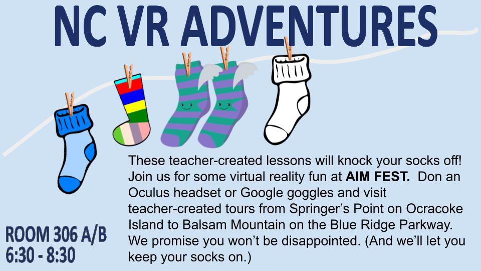 braveneutrino's tweet photo. Join us for some virtual reality fun Tues 6:30-8:30 at #AIMFest room 306A/B. #NCVRAdventures are created by teachers who connect standards to the amazing places in our state. #NCAIM2021 https://t.co/r0hLpWNtmW