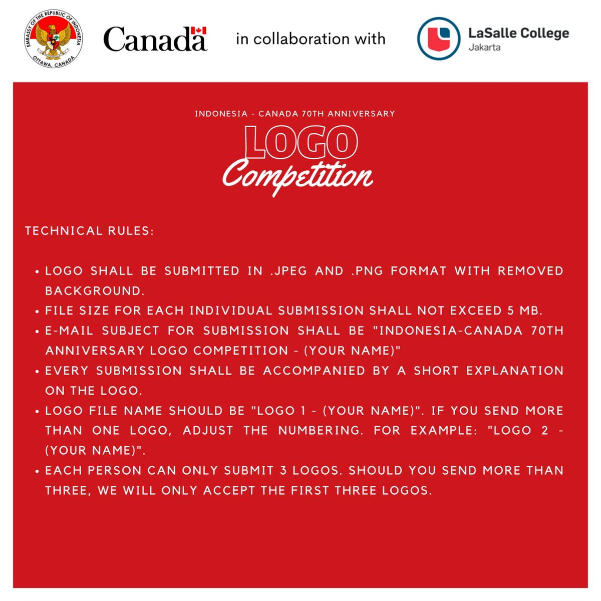 Dalam rangka menyambut 70 tahun hubungan bilateral RI-Kanada, <a href="/KBRI_Ottawa/">Indonesia in Canada</a>&amp;Kedubes Kanada di Jakarta, bekerja sama dgn LaSalle College Jakarta mengadakan kompetisi desain logo yg terbuka utk semua warga negara Indonesia dan Kanada!

Ayo tunjukkan kreativitasmu&amp;kirimkan idemu🎨!
